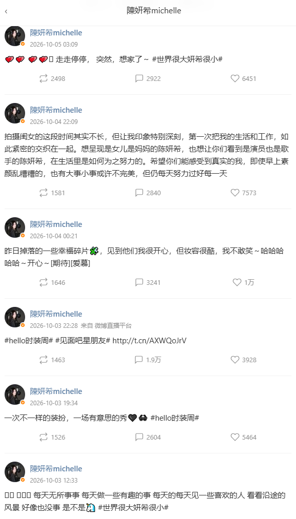 韓媒報導後，引發不少網友討論，近日仍持續在微博PO出參加巴黎時裝週的照片，3日更發文喊「好像也沒事」，今日再度發文寫下：「突然，想家了。」 圖：翻攝自陳妍希微博