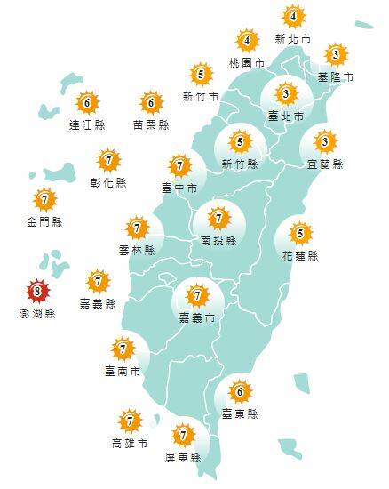 氣象署發布各地紫外線指數預報概況。 圖：氣象署提供