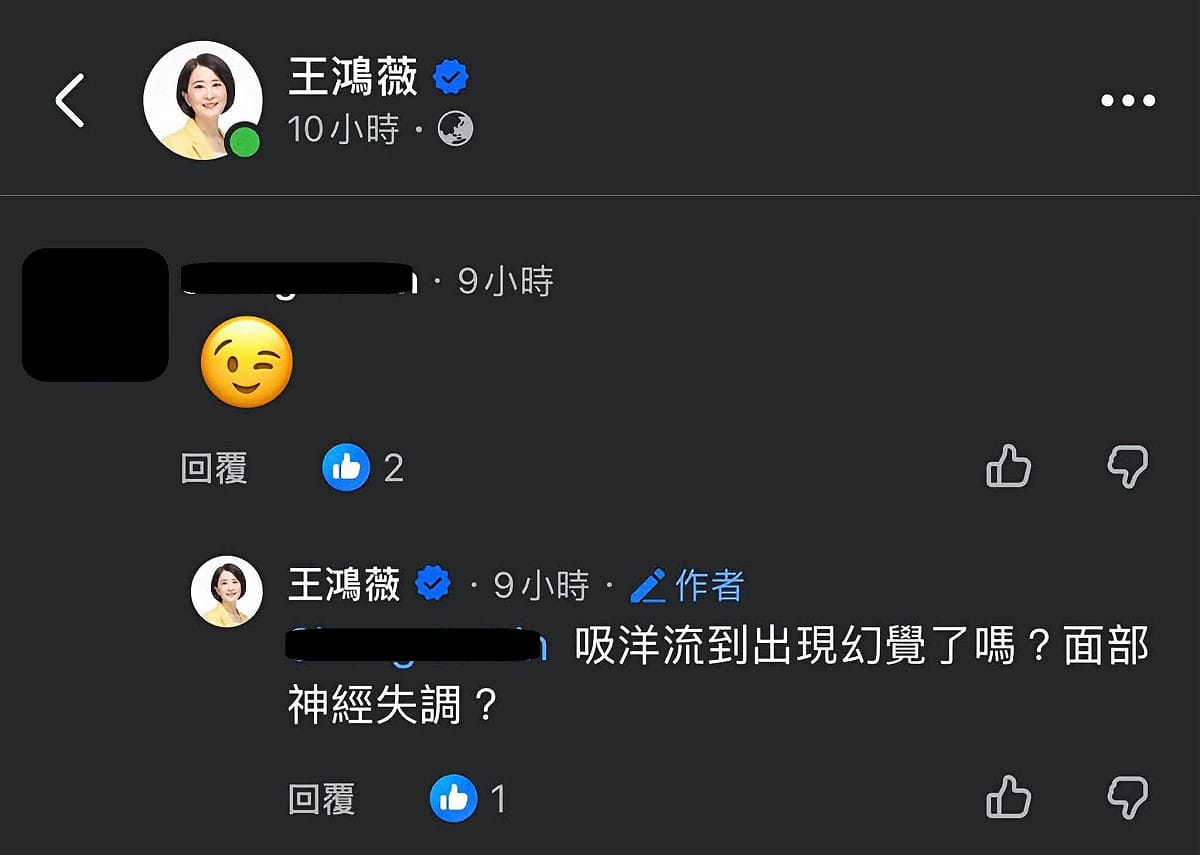 民眾只是在臉書留下眨眼emoji，竟被國民黨立委王鴻薇扯上吸洋流吸到面部神經失調，引發熱議。 圖：王鴻薇臉書
