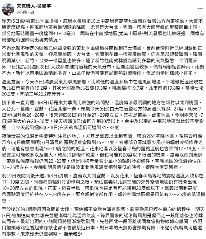 吳聖宇指出，比較不穩定的區域，已被增強的東北季風，繼續往南推到巴士海峽，目前台灣附近回歸到正常的東北季風天氣，水氣也將逐漸減少，不過低溫仍會持續，今(6)日晚到明晨低溫下探15度。 圖：翻攝自天氣職人吳聖宇臉書