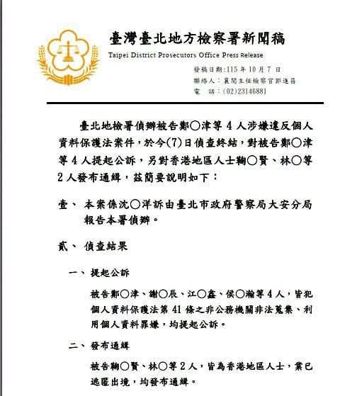 徵信業者24小時全天候跟監沈伯洋及妻女，北檢起訴求刑1年半。 圖：取自馬郁雯臉書