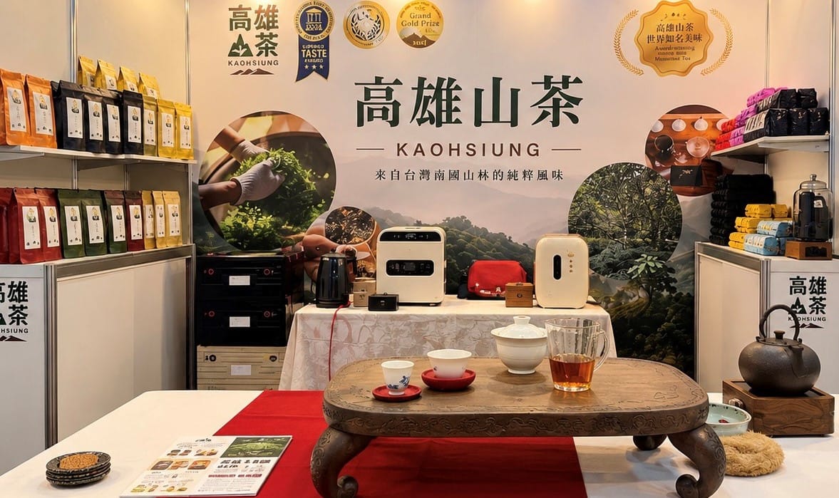 「高雄山茶館」展區以山林風土為主題，結合茶品展示、國際獲獎成果與品茗空間，呈現高雄山茶精品化的品牌形象。 圖：高雄市農業局／提供