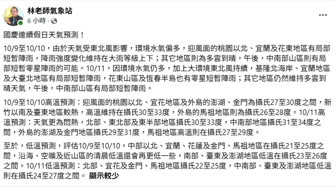 氣象粉專「林老師氣象站」指出，連假3天天氣都受東北風影響，環境水氣偏多，迎風面的北部、東半部會有明顯降雨，北東、馬祖高溫介於26至30度，低溫則是21至25度。 圖：取自「林老師氣象站」