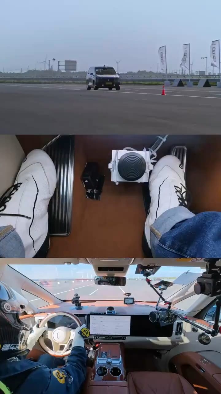 懂車帝實測尊界V800緊急制動性能，3輛測試車均出現煞車踏板支架斷裂情況。 圖：翻攝自 X