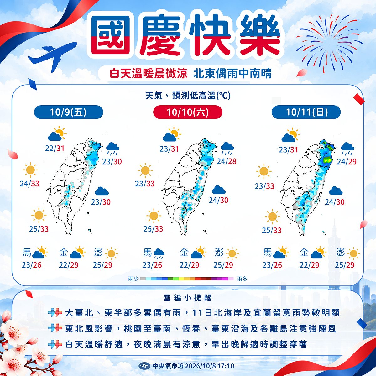 雖然今(9)日天氣晴朗，但仍為東北風影響天氣，迎風面隨時都有可能出現短暫陣雨。 圖：氣象署／提供