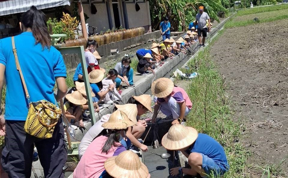 撈螺、撈魚生態體驗提升小朋友保育觀念。 圖：美濃客家庄教學農場／提供