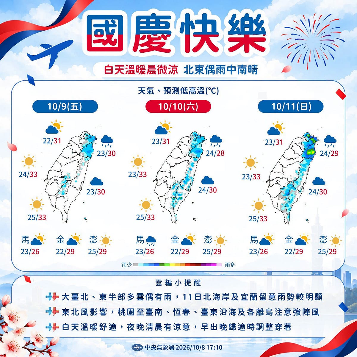 雙十國慶連假天氣北東偶雨、中南晴朗，日夜溫差稍大請留意。 圖/中央氣象署提供