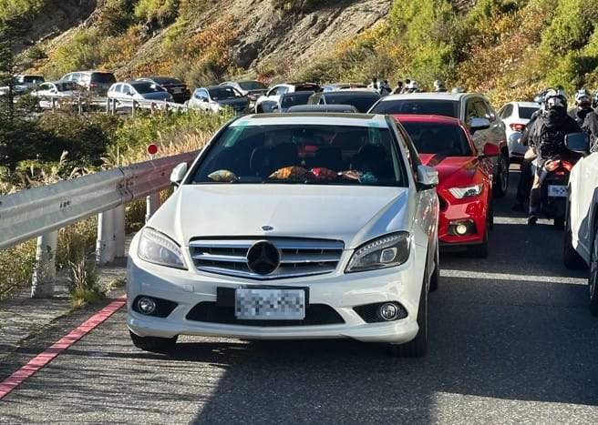 一位賓士車主將車違停在武嶺路上。 翻攝自Threads