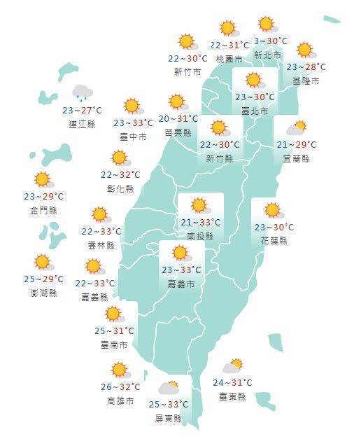 氣象署公布各地天氣預報概況。 圖：氣象署提供