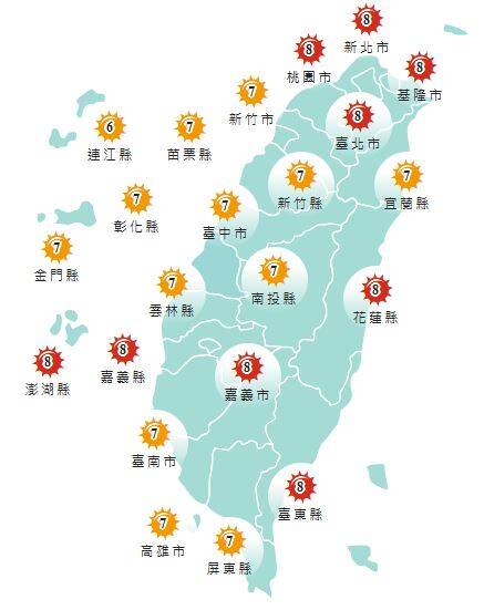 氣象署發布各地紫外線指數預報概況。 圖：氣象署提供