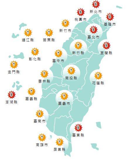 氣象署發布各地紫外線指數預報概況。 圖：氣象署提供