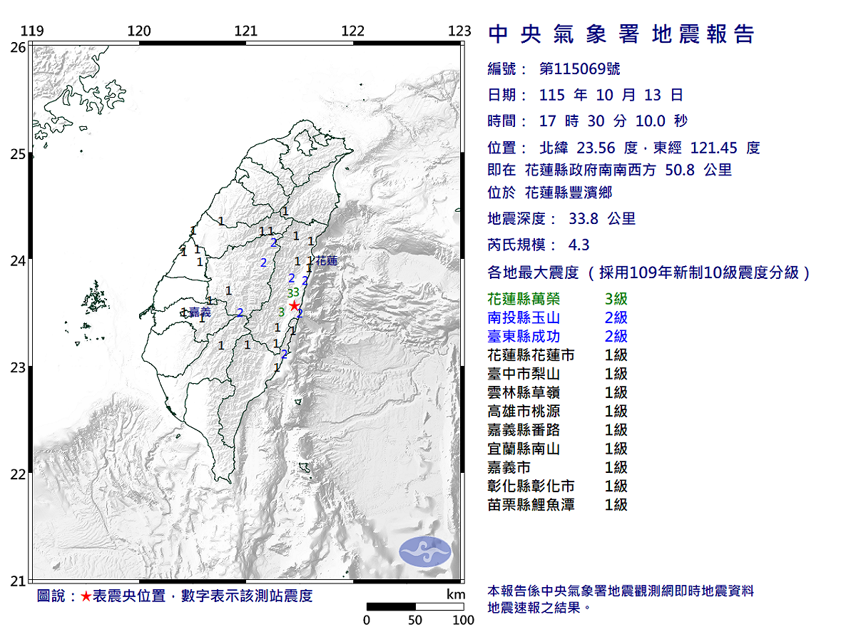 10/13-17:30花蓮縣豐濱鄉發生規模4.3有感地震 圖：中央氣象署