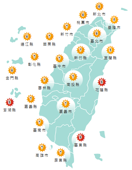 氣象署發布各地紫外線指數預報概況。 圖：氣象署提供