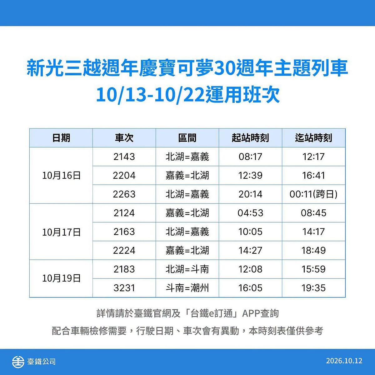 10月16日至10月19日班次列車。 圖：取自台鐵臉書粉專