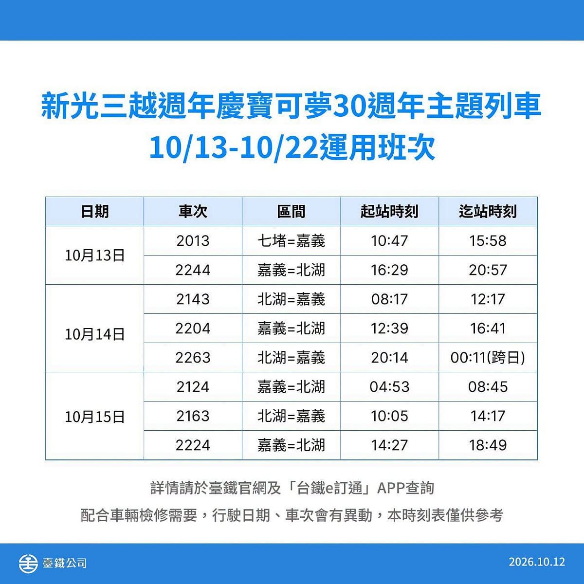 今日起至10月15日班次列車。 圖：取自台鐵臉書粉專