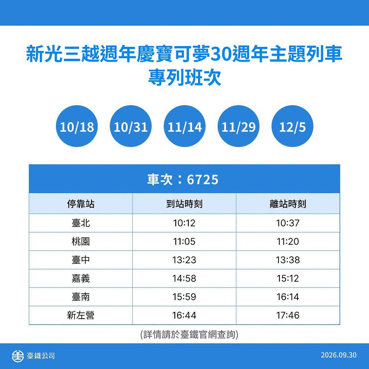 假日專列（車次：6725）出場時間及停靠站。 圖：取自台鐵臉書粉專