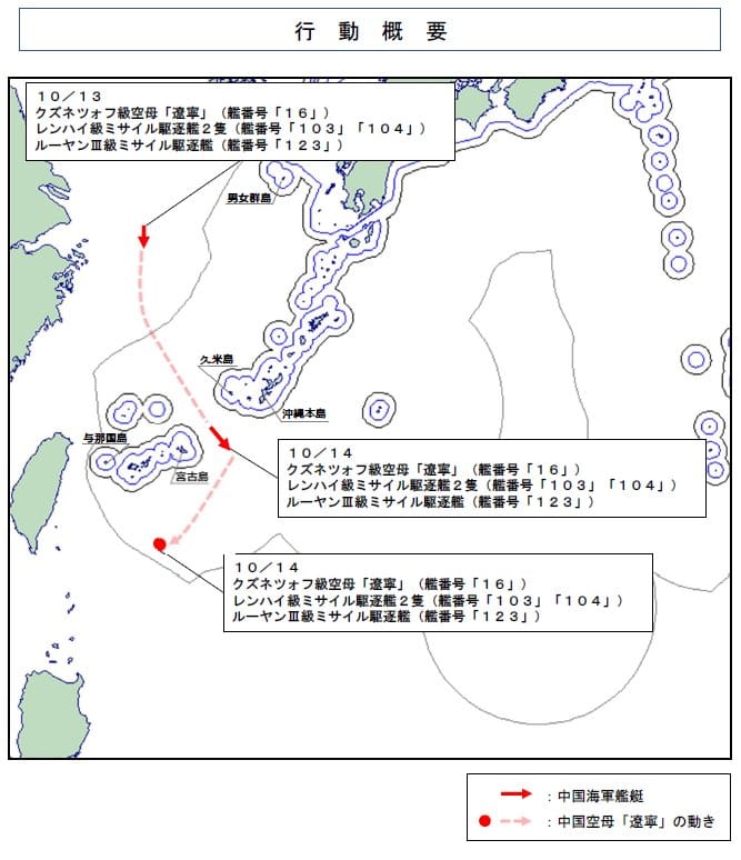 日本防衛省14日確認，中共海軍「遼寧號」航空母艦率領3艘護衛艦編隊，穿越沖繩本島與宮古島間的宮古海峽進入西太平洋，並在石垣島南方約250公里海域進行艦載戰鬥機起降訓練。 圖：翻攝「X」@ModJapan_jp