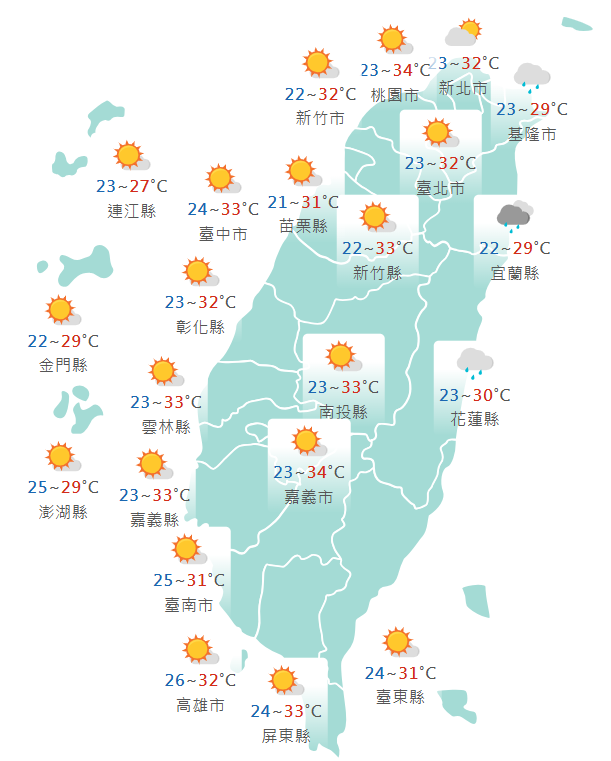 氣象署公布各地天氣預報概況。 圖：氣象署提供