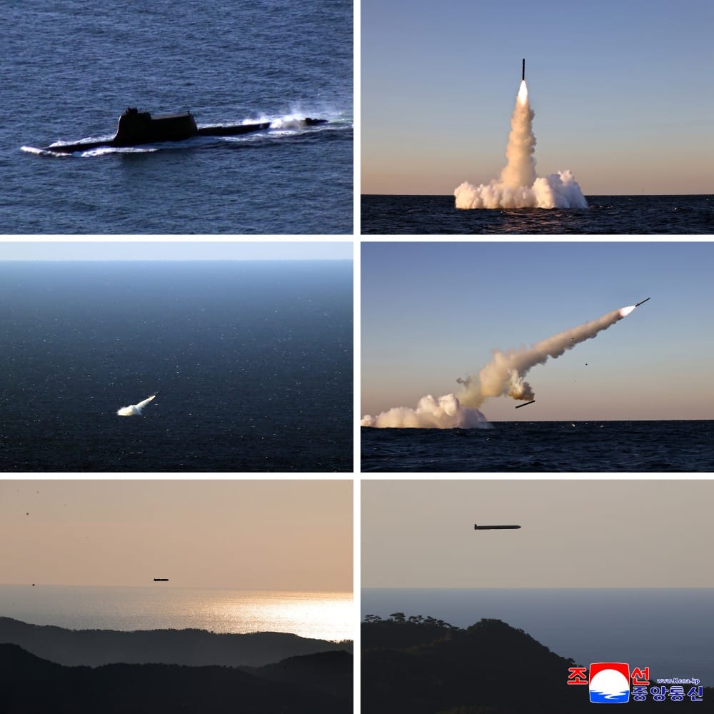 北韓日前在朝鮮半島東部海域（日本海）試射兩款潛射戰略巡航飛彈。 圖：翻攝朝中社