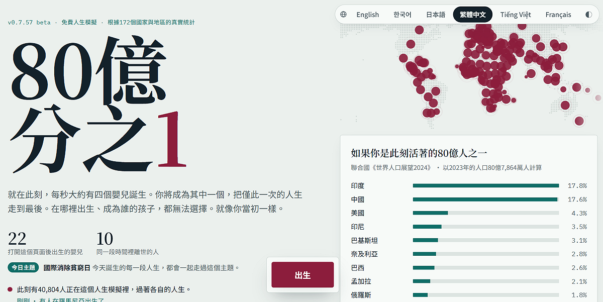 近期，網頁遊戲《80億分之1》在亞洲社群平台爆紅，並於15日新增繁體中文版，吸引台灣玩家體驗。 圖：翻攝自《80億分之1》官網