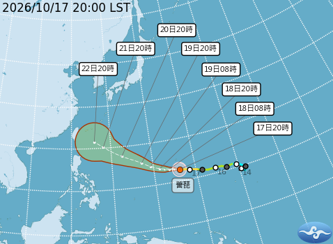薔琵颱風今（17）日晚間增強為強烈颱風，預計下週四抵達台灣東部海面，後續路徑仍有變數。 圖：中央氣象署