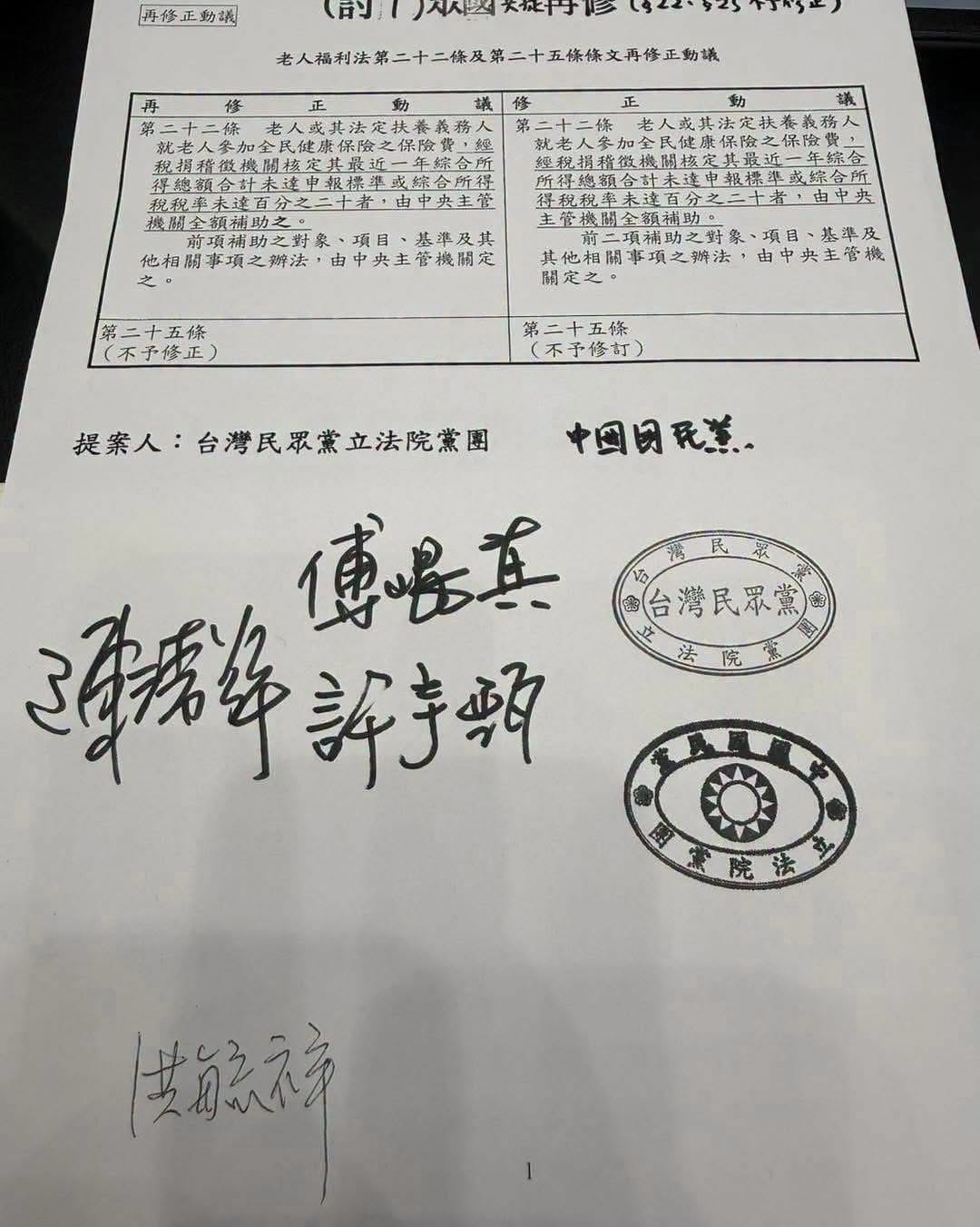 黃國昌率隊突襲提修正動議，後由傅崐萁、許宇甄、陳清龍、洪毓祥簽署離譜的再修正動議。 圖：翻攝自賴中強臉書