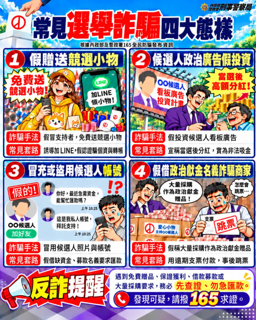 地方選舉投票倒數，有詐騙集團搶搭選舉熱潮行騙。警政署刑事局揭露「假贈送競選小物、投資參選人看板廣告、冒用參選人帳號、假借政治獻金騙商家」等4種詐術手法，請民眾留意。（刑事局提供）中央社記者黃麗芸傳真　115年10月18日