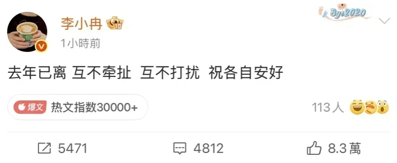 李小冉證實已跟徐佳寧在去年離婚，「去年已離，互不牽扯、互不打擾，祝各自安好」。 圖：翻攝自李小冉微博