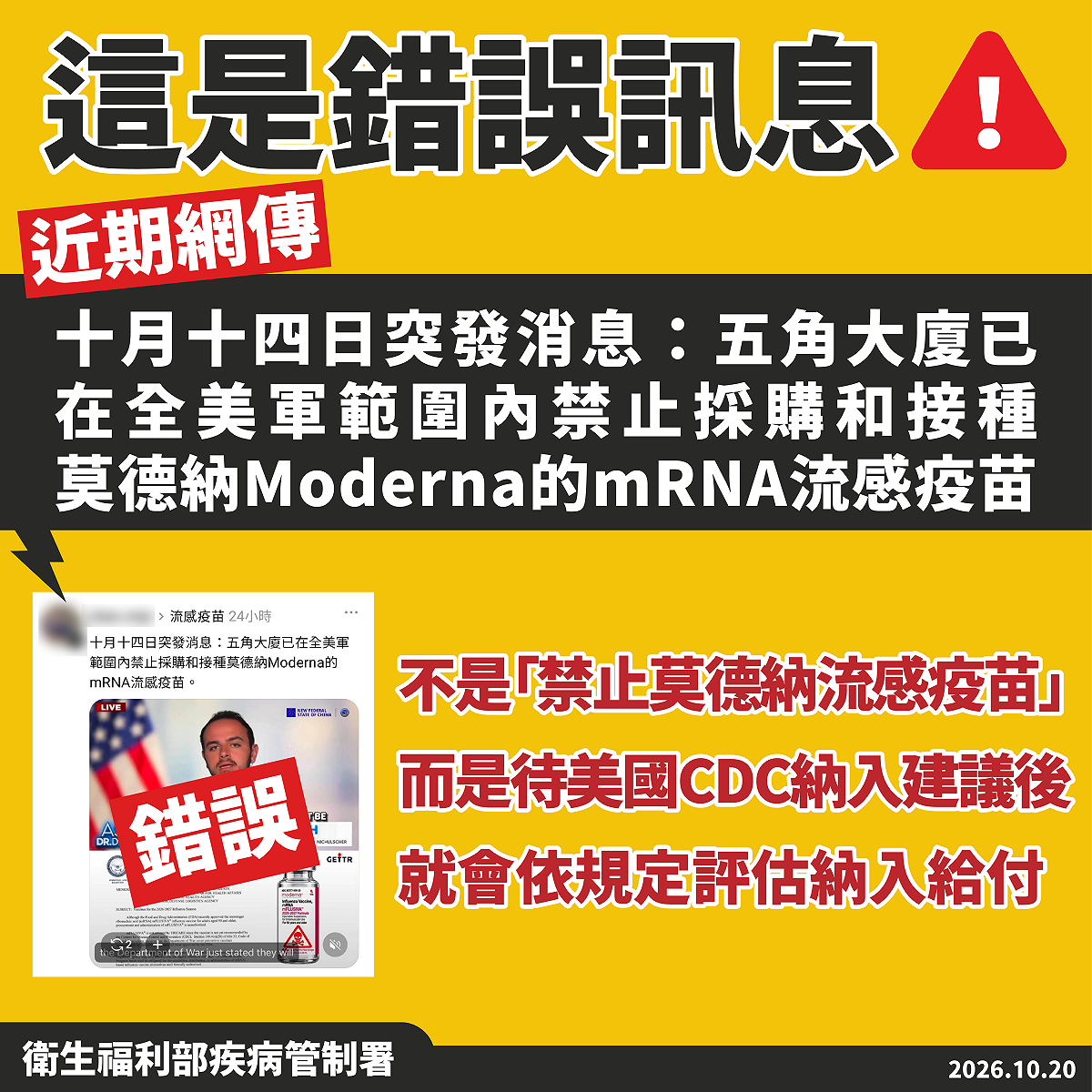 疾管署澄清，美軍並未全面禁止施打或採購莫德納mRNA流感疫苗，僅是軍方醫療保險尚未納入給付。