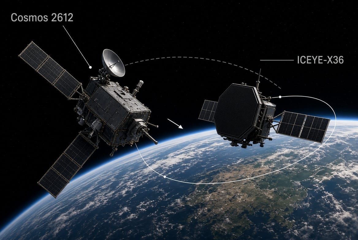 一枚俄羅斯軍事衛星「宇宙-2612」（Cosmos 2612），在10月15日至19日間，刻意「接近」美國商業合成孔徑雷達（SAR）衛星「ICEYE-X36」。被形容可能是人類史上首次針對商業衛星的太空作戰「軌道獵殺」。 圖：新頭殼製作示意圖/Grok