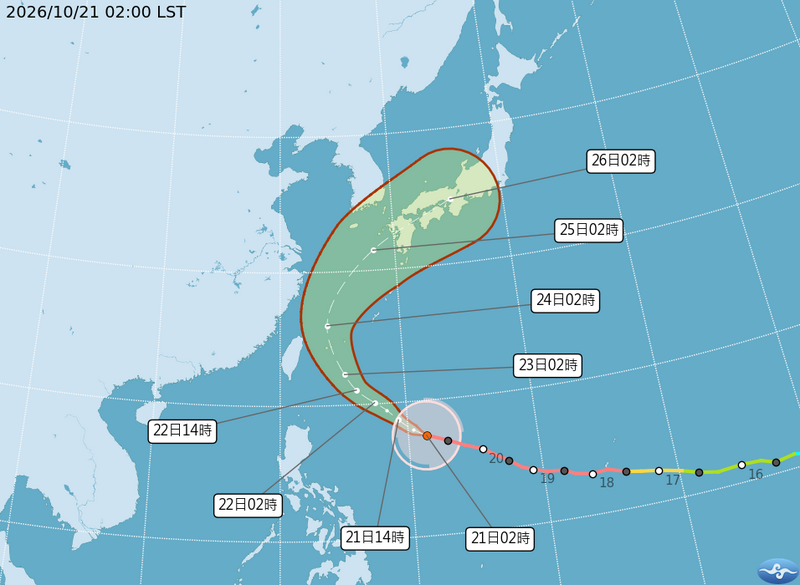 強烈颱風薔琵以西北西方向朝台灣東方海面前進，預計週五至週六上半天是影響台灣最明顯的時候。 圖：氣象署提供