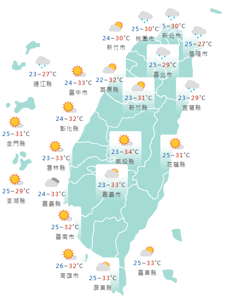 氣象署公布各地天氣預報概況。 圖：氣象署提供圖：氣象署提供