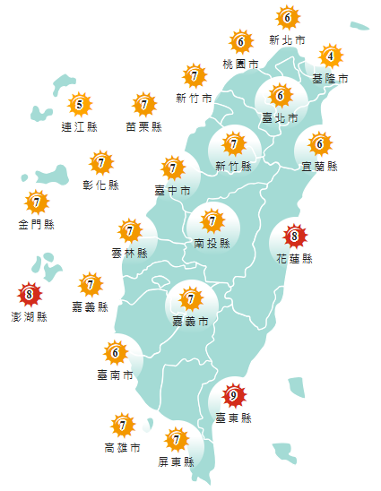 氣象署發布各地紫外線指數預報概況。 圖：氣象署提供