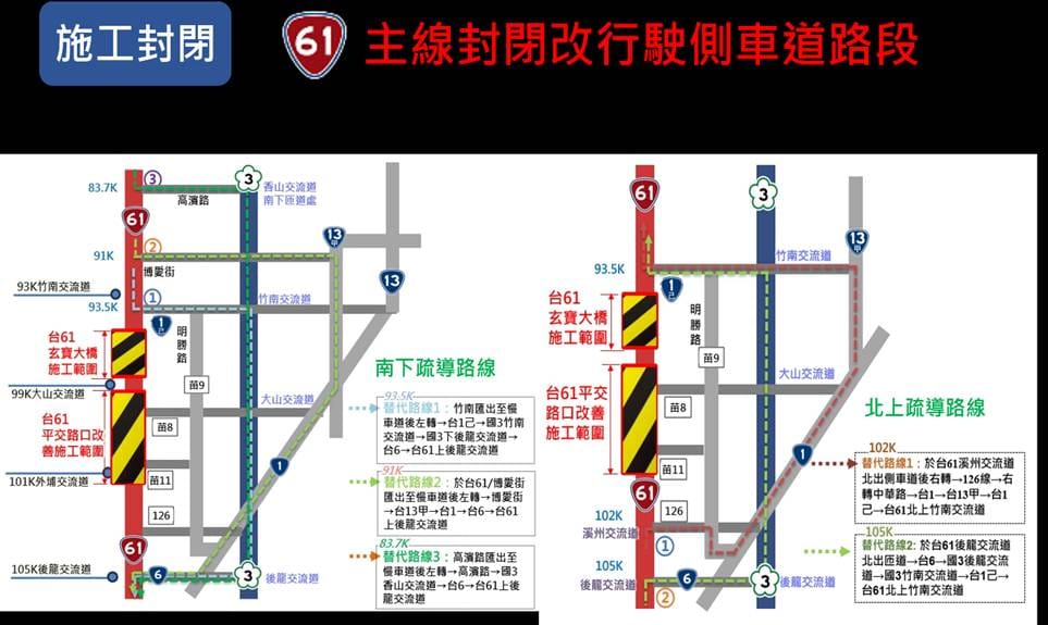 台61線75.8k(浸水橋)，至82.8k(國3香山交流道以北約1公里)雙向主線車道，建議改道路線為行駛台1線、台13線。 圖：交通部公路局/提供