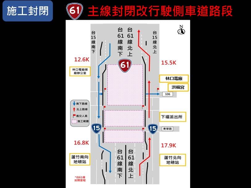 台61線南下12.6k至16.8k及北上15.5k至17.9k(林口～蘆竹)主線車道，改道路線為行駛側車道(台15線)。 圖：交通部公路局/提供