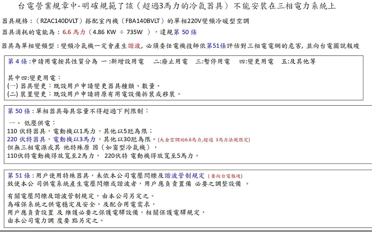 台電營業規章，明確規定冷氣電力及相關馬力限制規範。 圖：住戶提供