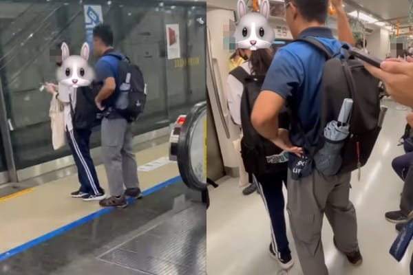 高雄捷運一名男子故意緊貼女學生，熱心民眾拍下過程PO網。 圖：翻攝自Threads@agkdgji1467