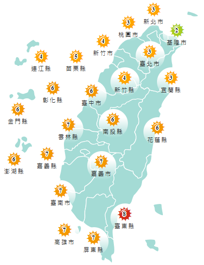 氣象署發布各地紫外線指數預報概況。 圖：氣象署提供