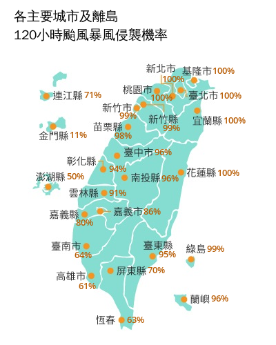 北北基宜花桃6縣市的暴風圈侵襲率已達100％。 圖：取自氣象署