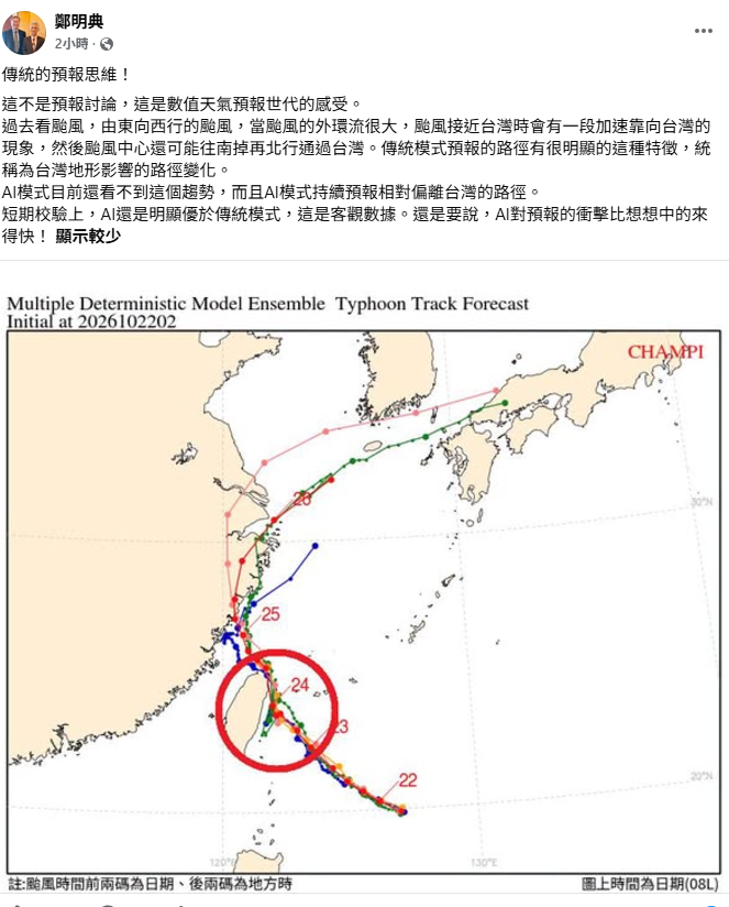 鄭明典分析，分歧主因是傳統模式有考量台灣地形影響，AI則較未納入；但AI短期校驗仍明顯較優，讓他直言「AI對預報的衝擊比想像中快。」 圖：取自鄭明典臉書