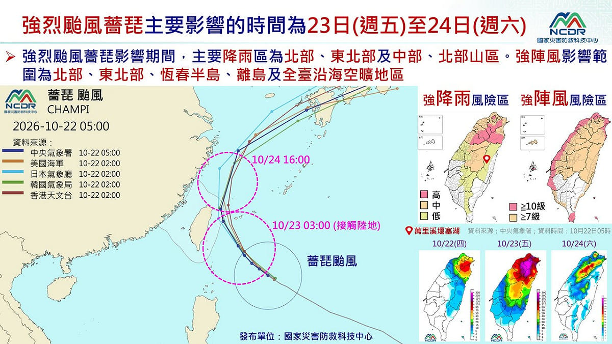 隨著薔琵颱風路徑持續西修，海上及陸上颱風警報範圍也逐漸擴大，預計5時30分全台都會列入陸警範圍。 圖：國家災害防救科技中心／提供