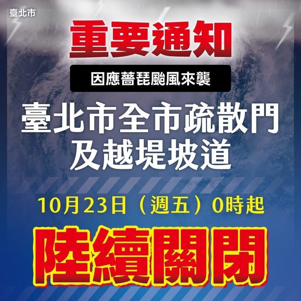 台北市水利處表示，23日零時起全市疏散門、越堤坡道將陸續關閉，堤外便道無法通行。 圖：台北市水利處提供
