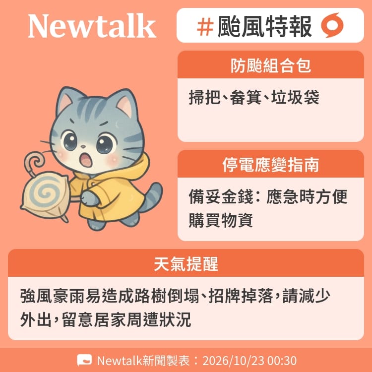 強風豪雨易造成路樹倒塌、招牌掉落，請減少外出，留意居家周遭狀況 圖：Newtalk製表