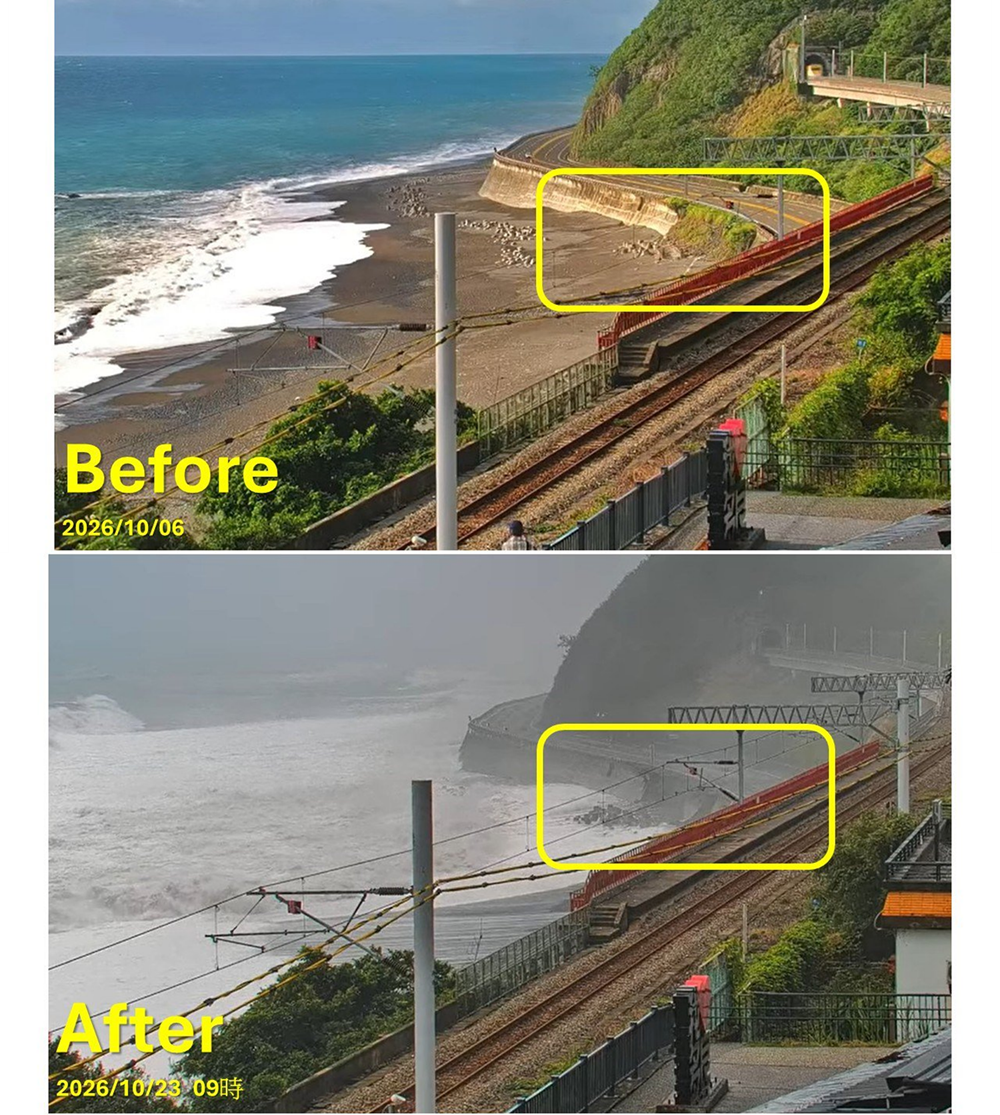 公路局澄清，該路段主體路基並未損壞，實為靠海側原有覆土流失約40公尺；為確保安全，工程單位已於昨晚提前封閉海側車道進行交通管制，並緊急吊放消波塊穩固邊坡，後續將改建擋土牆全面強化道路防護。 圖：公路局／提供