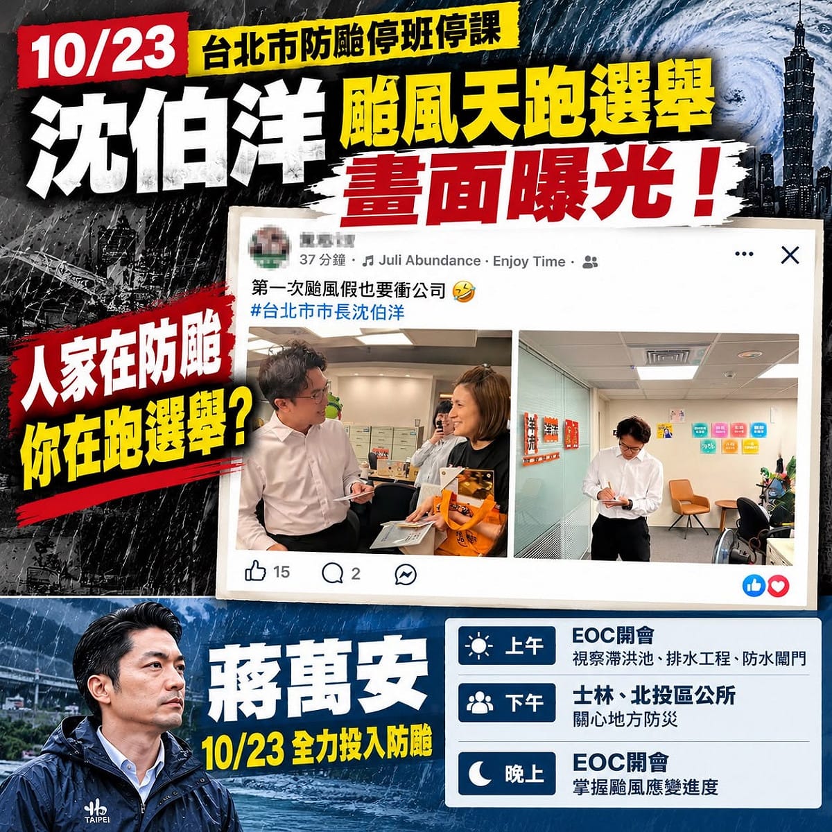 賴士葆臉書貼出 AI 圖批評沈伯洋颱風天跑行程，遭到律師黃帝穎質疑沈伯洋非現任台北市長如何防災。 圖：翻攝自賴士葆臉書