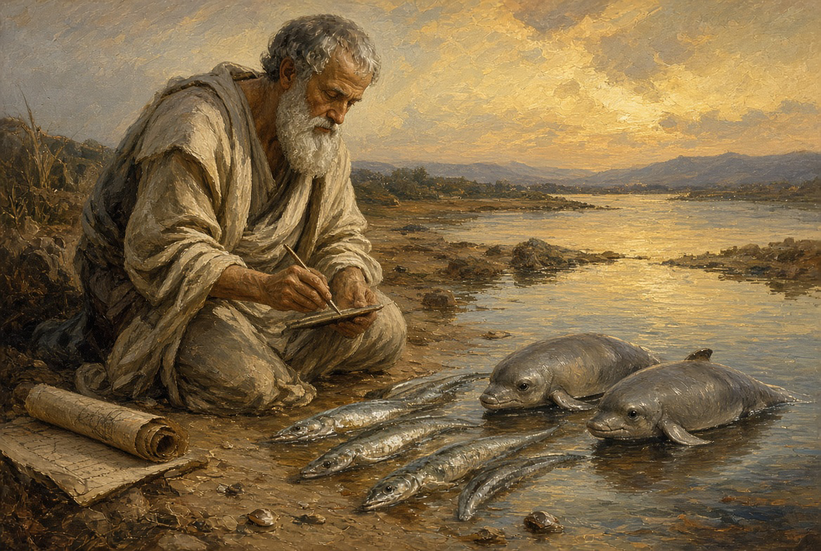 亞里士多德在海邊檢驗魚鰻，並做筆記分類。 圖/作者合成