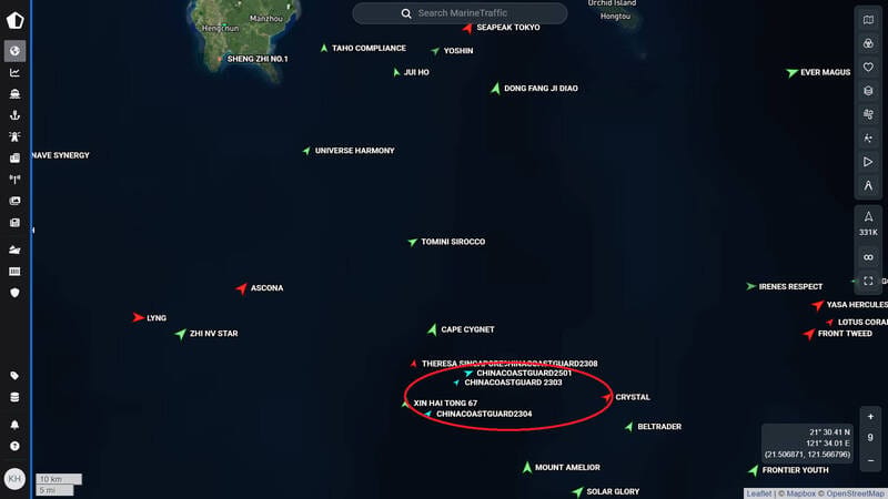 中國海警4艦襲巴士海峽「北上逼近東海岸」。 圖：取自MarineTraffic