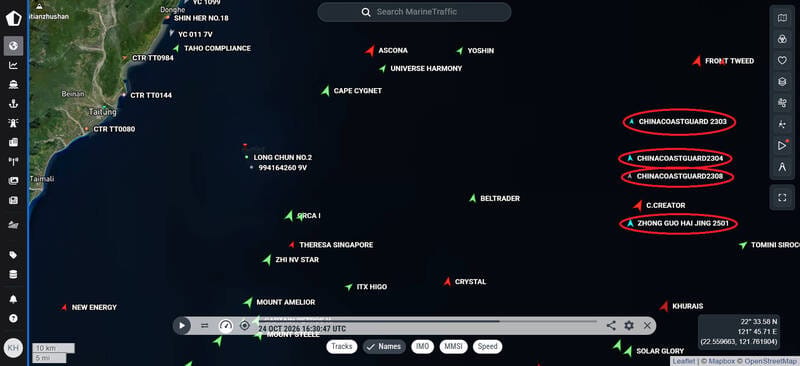 中國海警4艦襲巴士海峽「北上逼近東海岸」。 圖：取自MarineTraffic