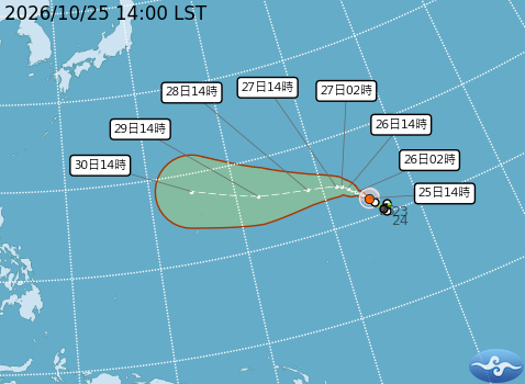 輕度颱風煙花正以北北西方向移動，由於其移動路徑在通過關島附近後，有極高機率轉向東北方移動，暴風圈侵襲台灣的機率極低，短期內對台灣天氣並無直接影響。 圖：氣象署／提供