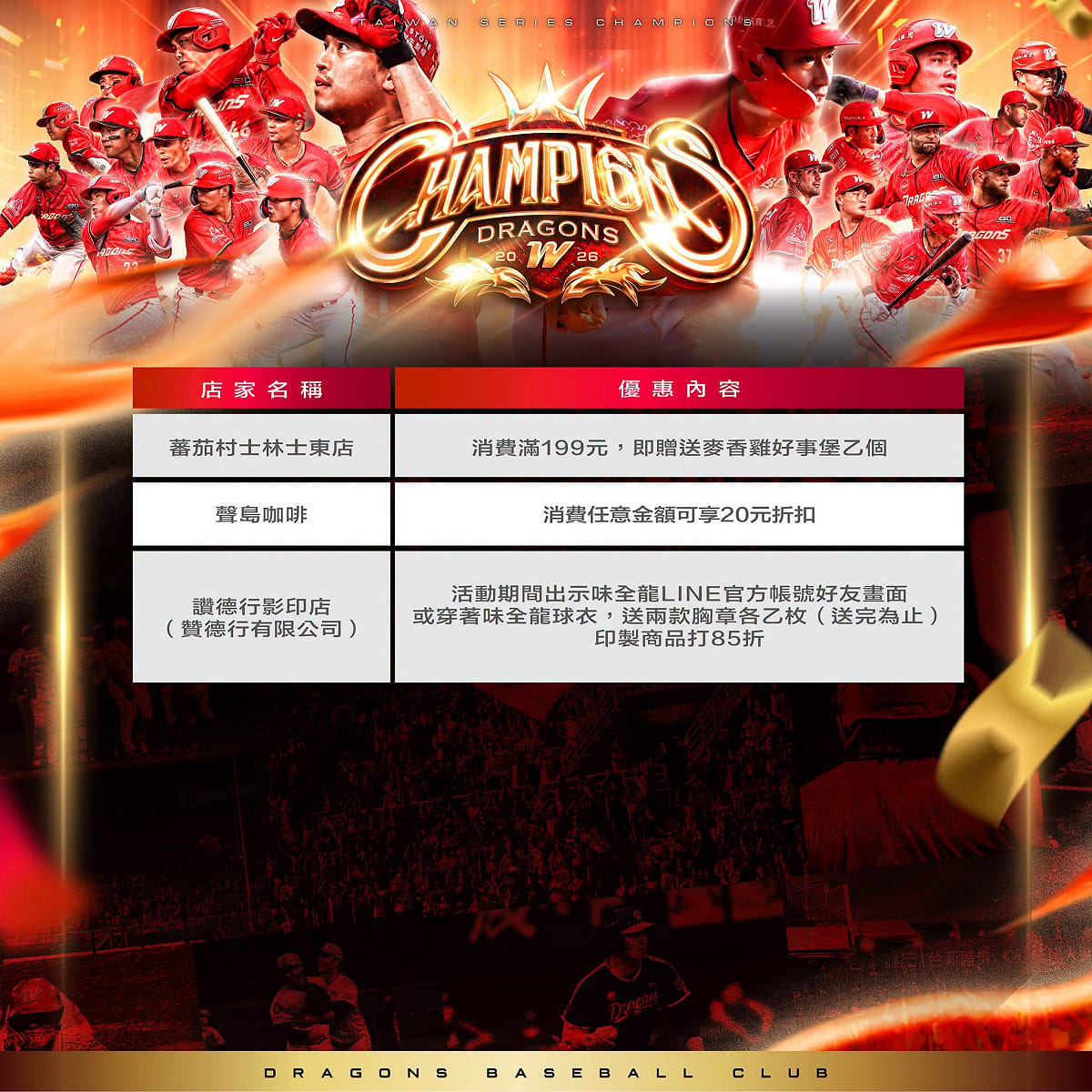 味全龍封王應援店優惠。 圖：味全龍提供